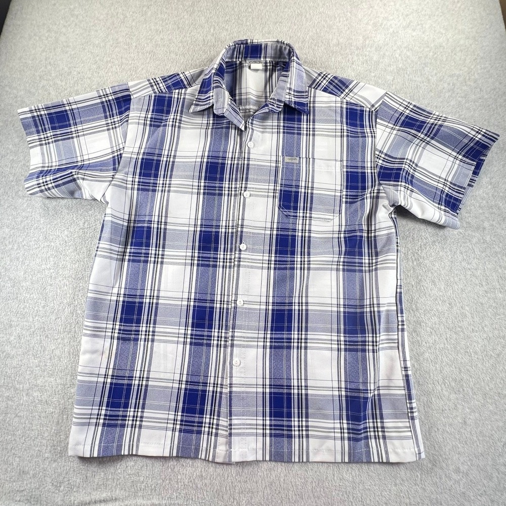 CalTop Mens Blue White Plaid Short Sleeve Button Down Shirt Large Made in USA